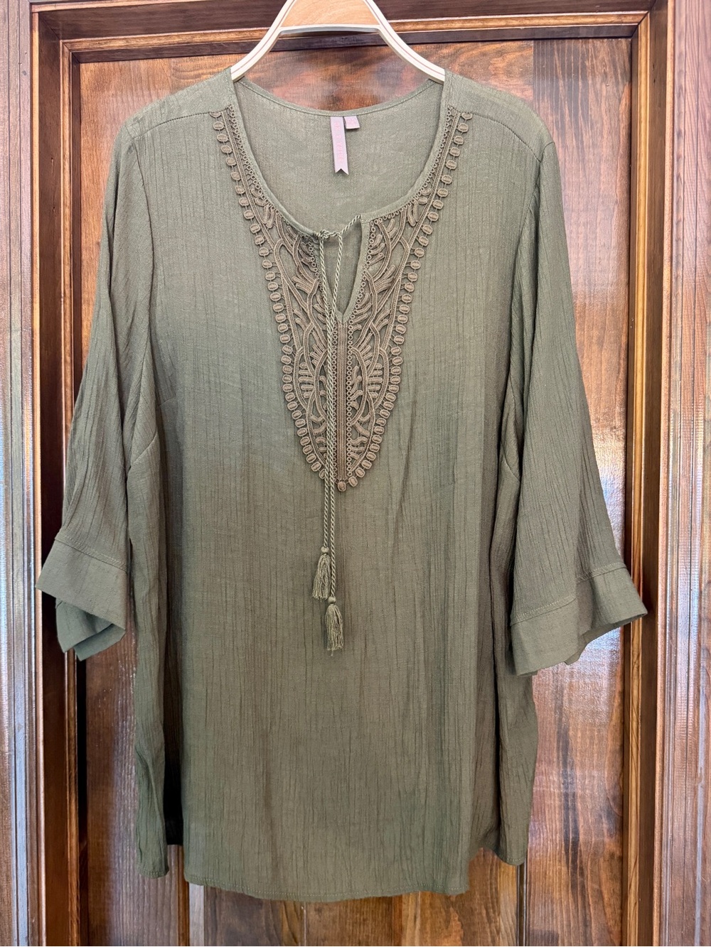 Women's Olive Green Embroidered Tie-Front Tunic